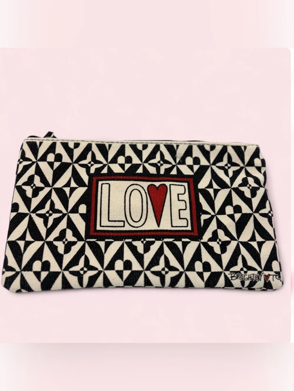 Brighton LOVE Canvas Zipper Pouch Cosmetic Bag Travel Black White Geometric NWOT